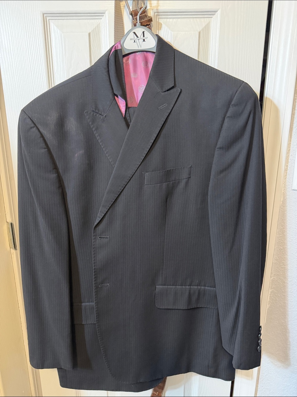 Sean John Dark Gray Pinstripe 3 piece suit with Pink Lining